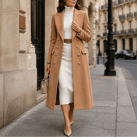 Women's Double-Breasted Structured Longline Wool-Look Coat with Gold Buttons