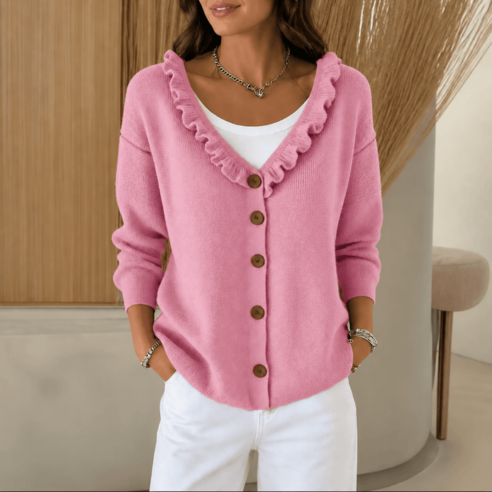 Ruffle Collar Women's Knitted Cardigan with Button Front in Acrylic Blend