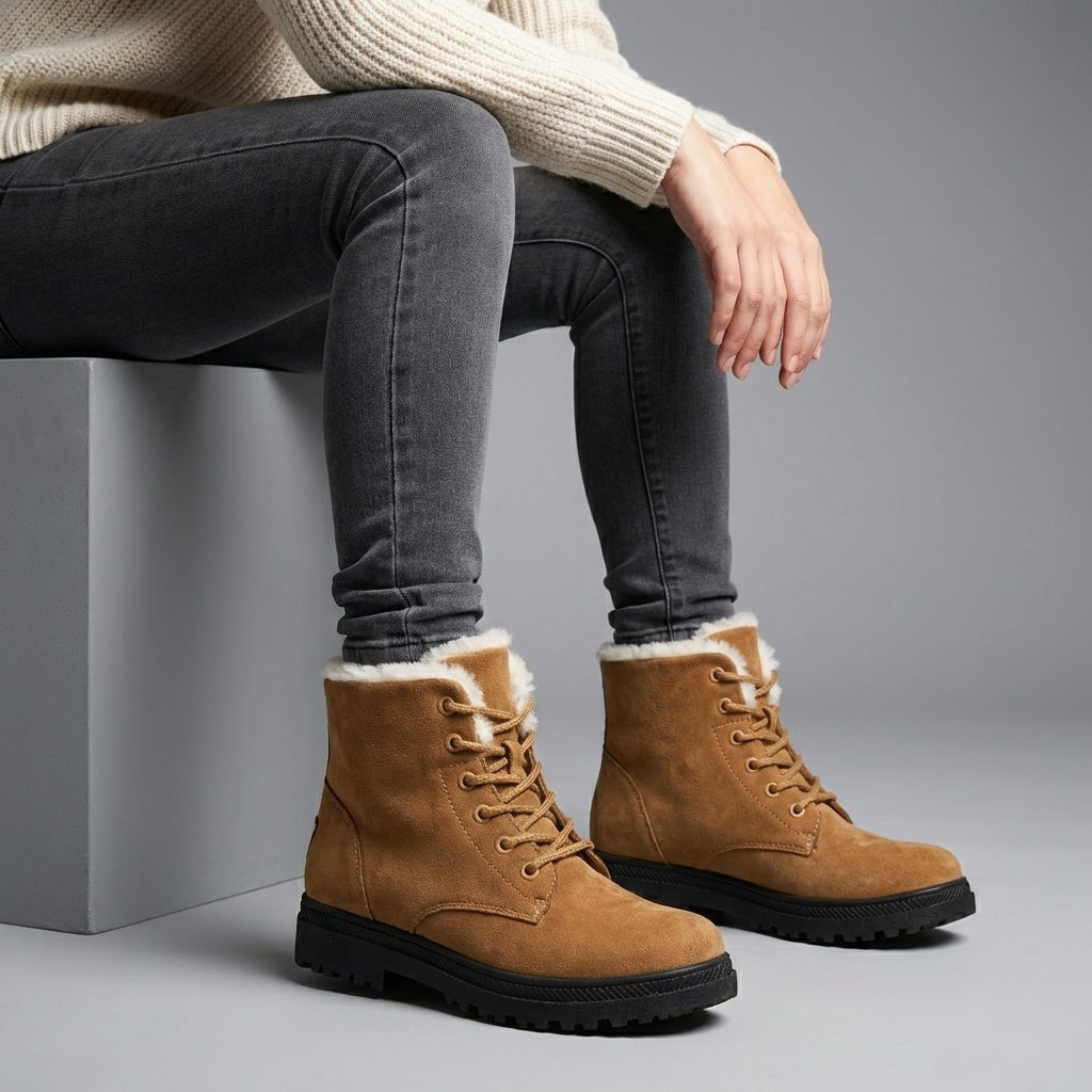 Amelia Women's Faux Suede Lace-Up Ankle Boots with Faux Fur Lining