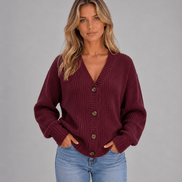 Chunky Ribbed Knit Button-Front V-Neck Women's Cardigan Jumper