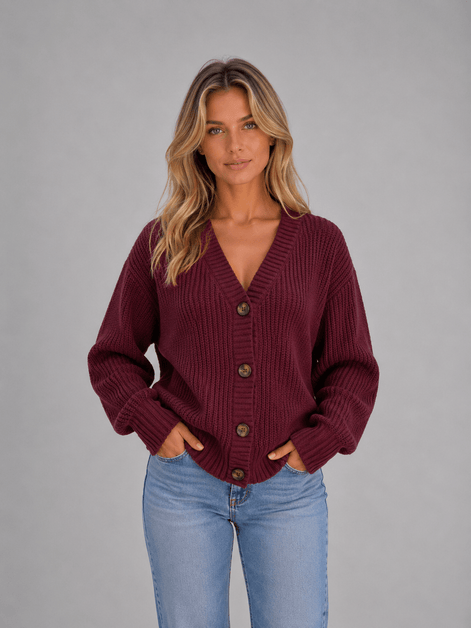 Chunky Ribbed Knit Button-Front V-Neck Women's Cardigan Jumper