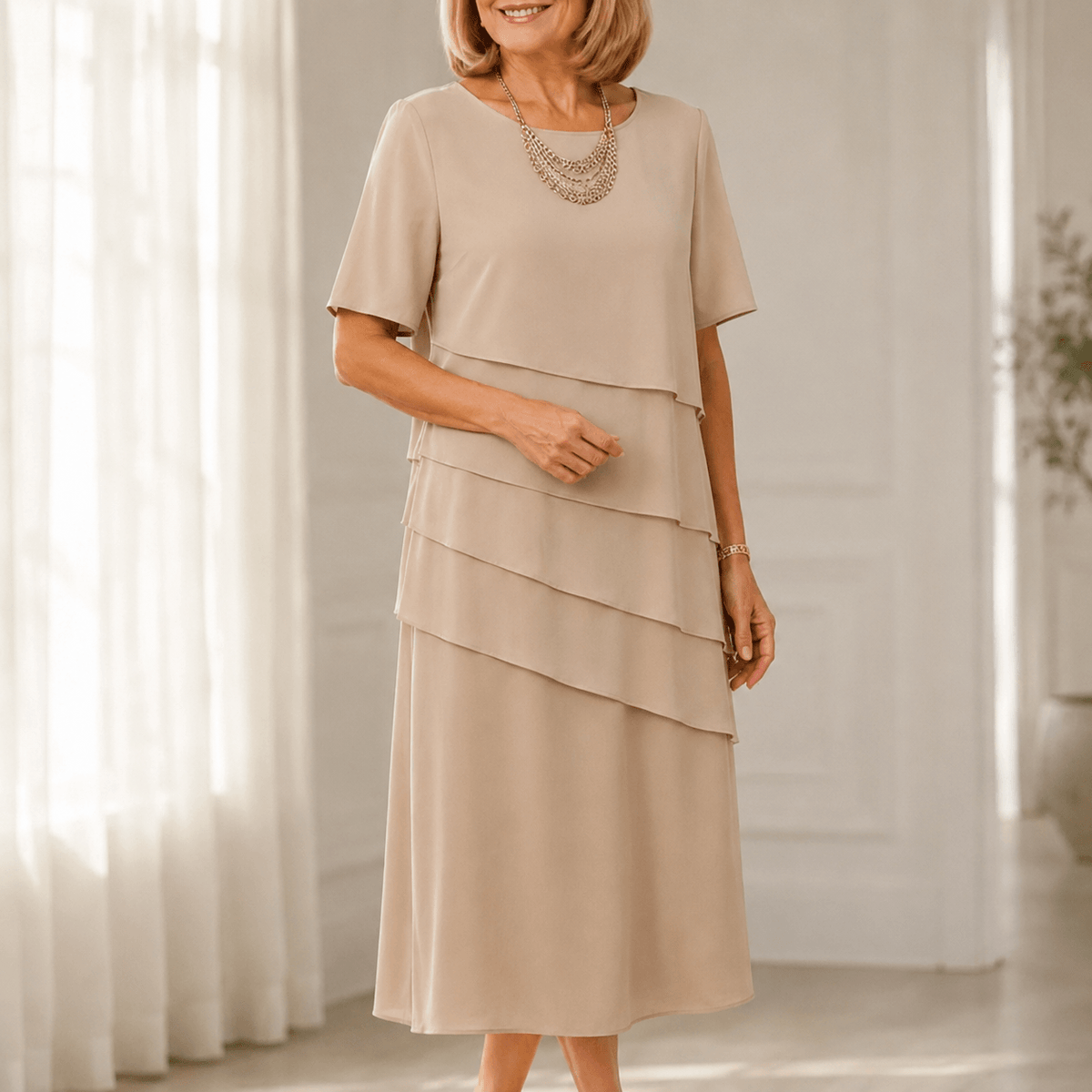 Florenza Tiered Chiffon-Look Women's Midi Dress with Flutter Sleeves