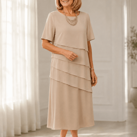 Florenza Tiered Chiffon-Look Women's Midi Dress with Flutter Sleeves