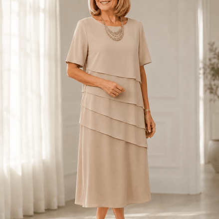 Florenza Tiered Chiffon-Look Women's Midi Dress with Flutter Sleeves