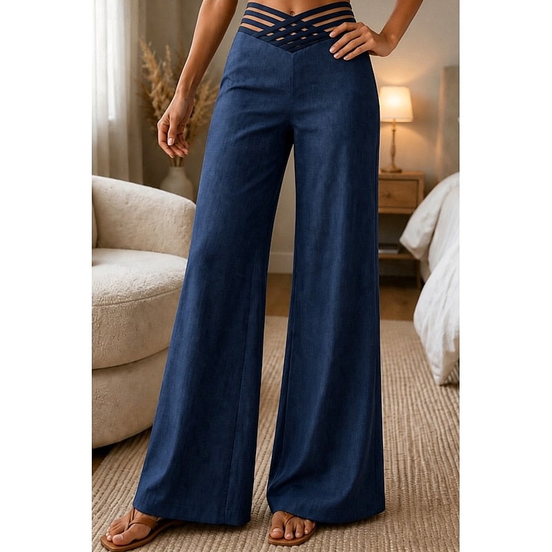 Women's High-Waisted Palazzo Pants with Crossover Waistband