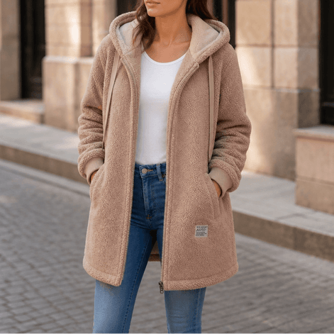 Odile Women's Hooded Fleece Teddy Coat with Zip Front