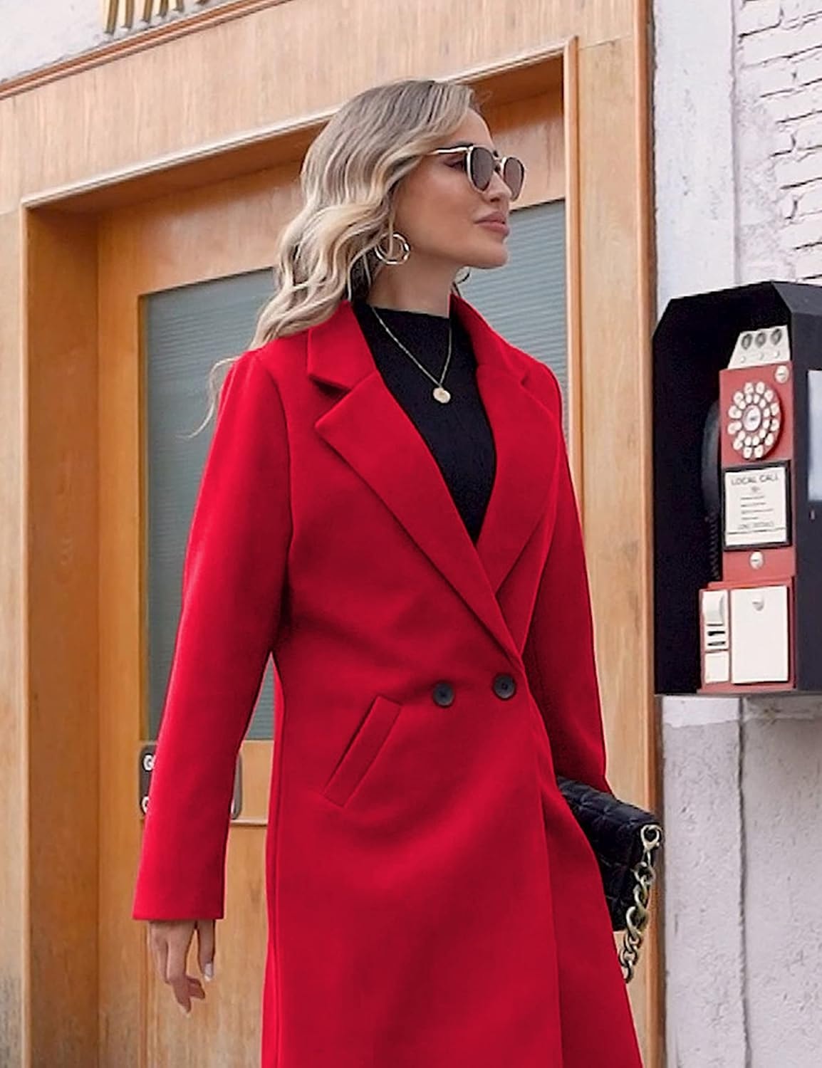 Women's Notch Lapel Double-Breasted Long Wool Winter Coat with Side Pockets