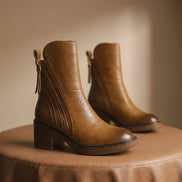 Bellora Leather Ankle Boots with Side Zipper and Stacked Block Heel
