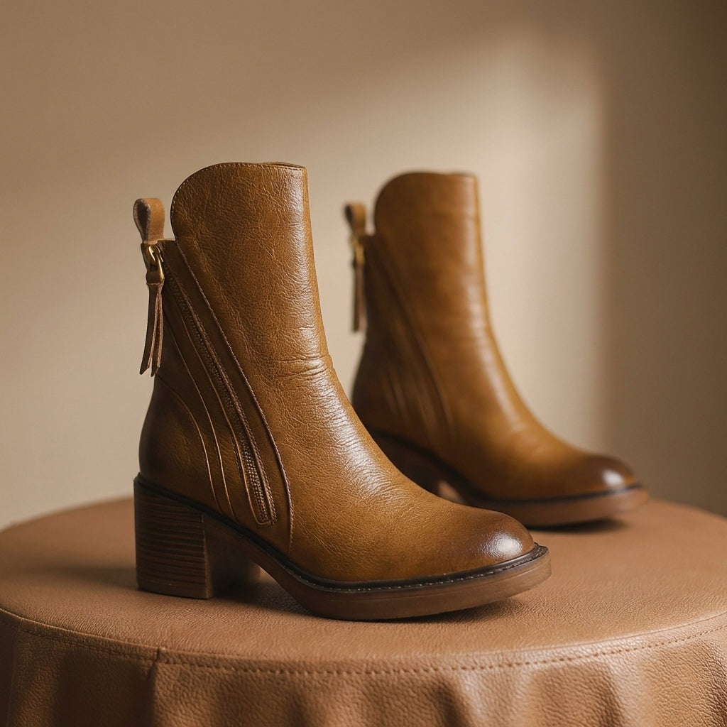 Bellora Leather Ankle Boots with Side Zipper and Stacked Block Heel