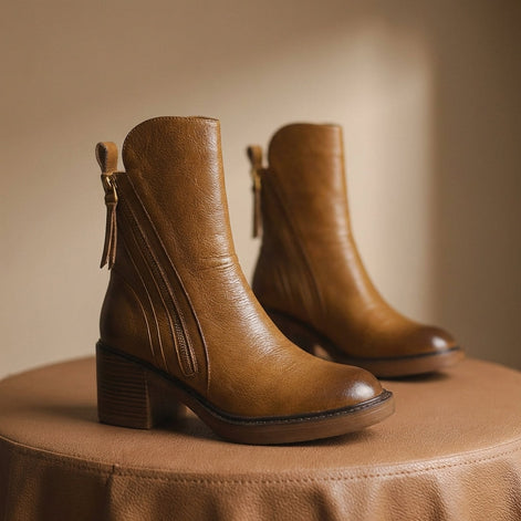 Bellora Leather Ankle Boots with Side Zipper and Stacked Block Heel