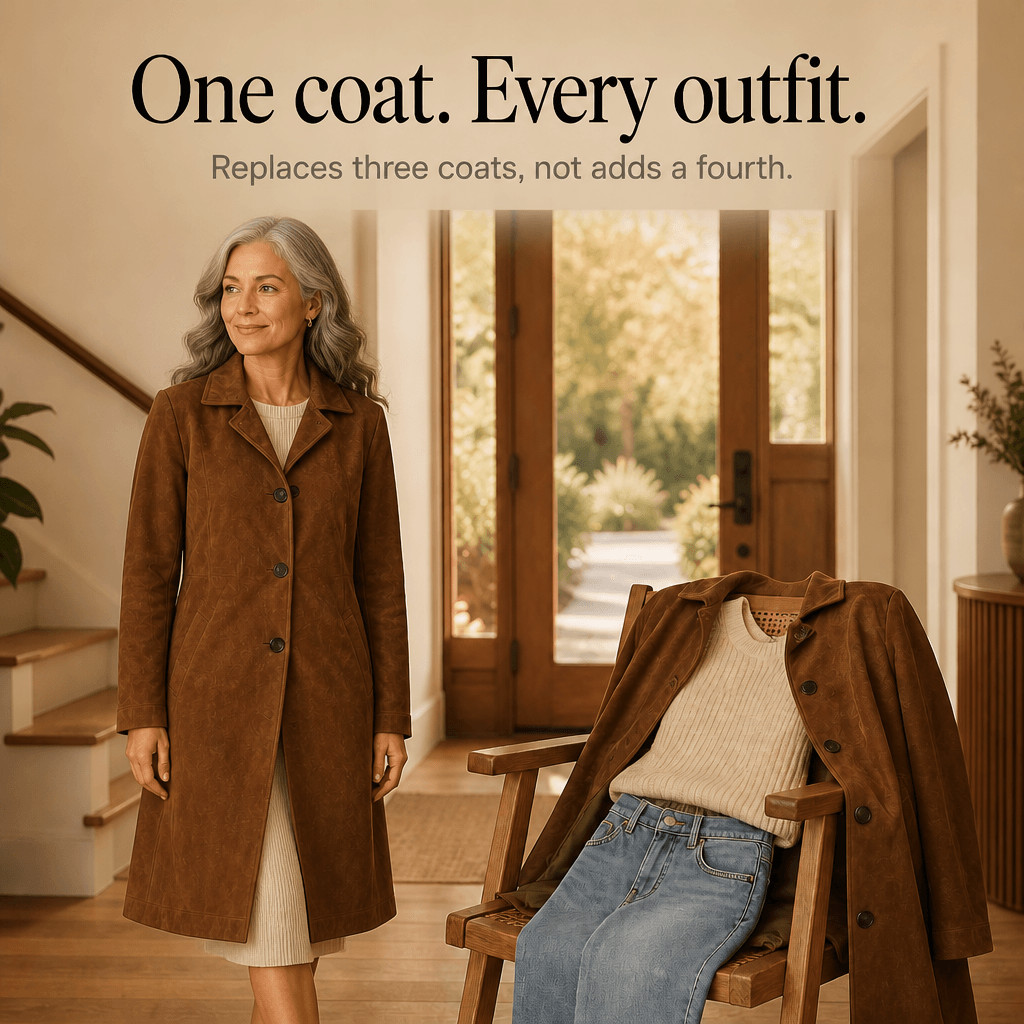 Women's Long Suede-Effect Button-Front Coat with Clean Vertical Line