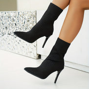 Women's Ribbed Knit Ankle Boots with Pointed Toe and Stiletto Heel