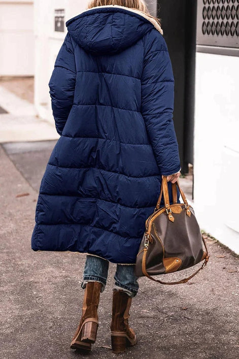 Women's Long Polyester Coat with Teddy Fleece Lining and Hood