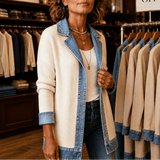 Ribbed Knit Longline Cardigan Coat with Denim Panel Detail