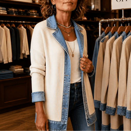 Ribbed Knit Longline Cardigan Coat with Denim Panel Detail