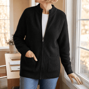 Covena Ribbed Zip-Up Knitted Cardigan with Pockets for Women