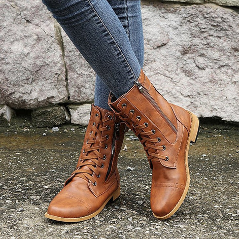 Hazel Lace-Up Combat Boots with Side Zip and Buckle Detail in Faux Leather