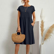 Women's Cotton Blend Christmas Party Shift Midi Dress with Pockets