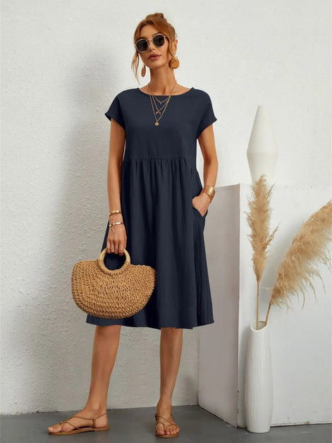 Women's Cotton Blend Christmas Party Shift Midi Dress with Pockets