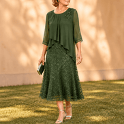 Elavine Sheer-Sleeve Floral Lace Overlay Chiffon Women's Midi Dress