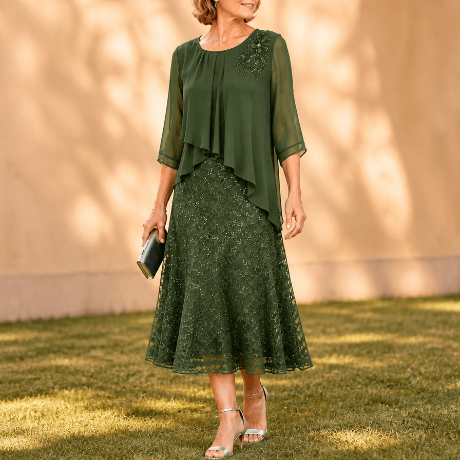Elavine Sheer-Sleeve Floral Lace Overlay Chiffon Women's Midi Dress