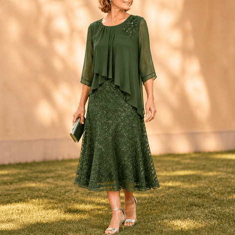 Elavine Sheer-Sleeve Floral Lace Overlay Chiffon Women's Midi Dress