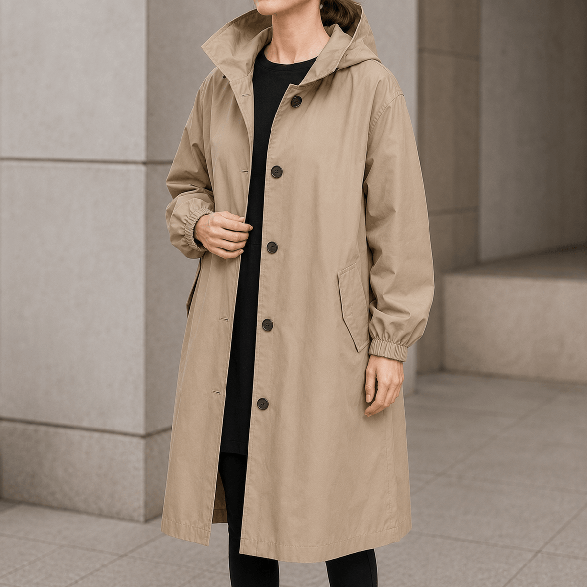 Hooded Midi Coat with Drawstring Waist for Women