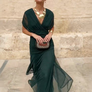 Wrap V-Neck Mesh Overlay Midi Dress for Christmas Party Events