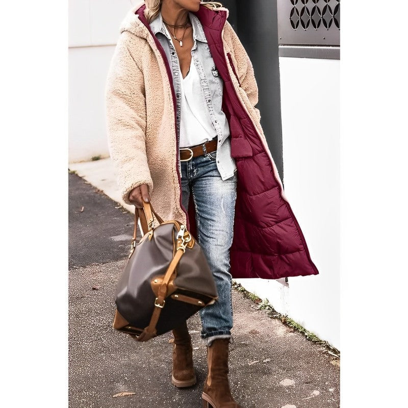 Women's Long Polyester Coat with Teddy Fleece Lining and Hood