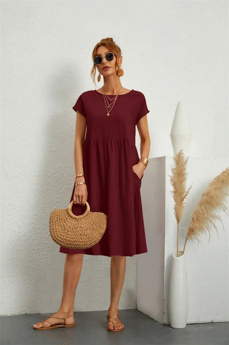 Women's Cotton Blend Christmas Party Shift Midi Dress with Pockets