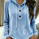 Women's Velvet Hooded Sweatshirt with Button Placket and Drawstring