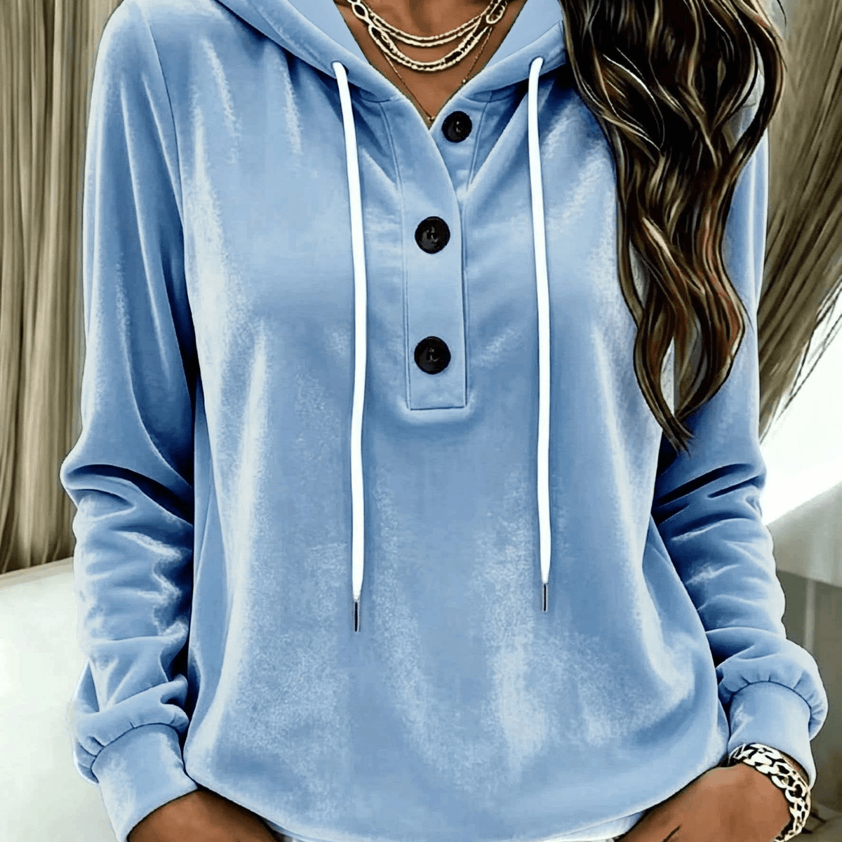 Women's Velvet Hooded Sweatshirt with Button Placket and Drawstring
