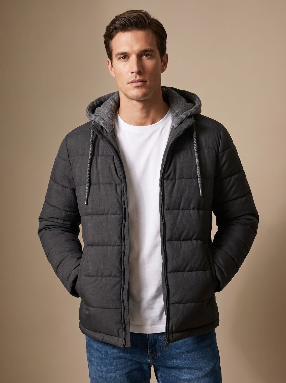 Dorian Men's Hooded Quilted Puffer Jacket with Packable Fold-Away Fit
