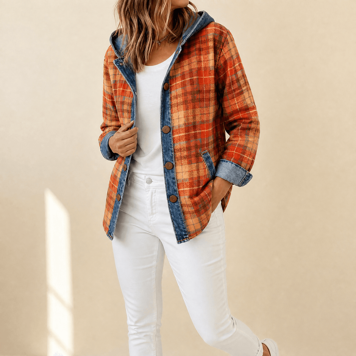 Weslyn Plaid Hooded Shacket with Denim Trim