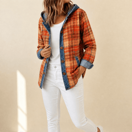 Weslyn Plaid Hooded Shacket with Denim Trim