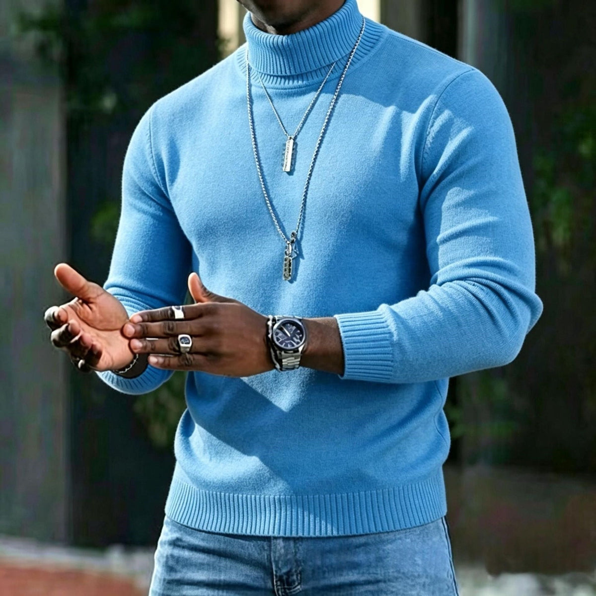 Men's Ribbed Turtleneck Knit Jumper with Long Sleeves
