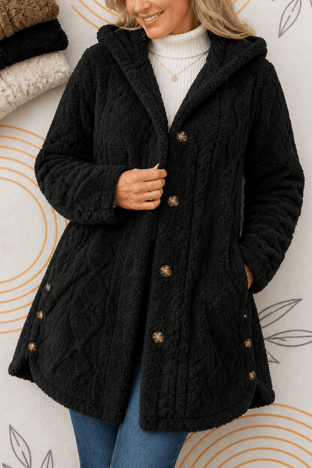Cable-Knit Textured Hooded Longline Coat with Button Hems