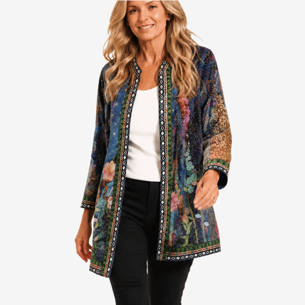 Patrice Art-Print Open-Front Jacket with Embellished Trim