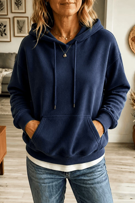 Ribbed Corduroy-Look Hoodie with Front Pocket for Women
