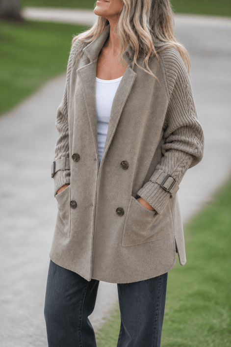 Cable-Knit Sleeve Double-Breasted Longline Coat for Women
