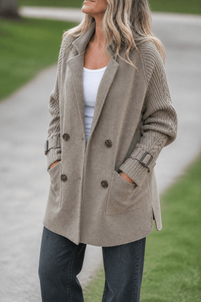 Cable-Knit Sleeve Double-Breasted Longline Coat for Women