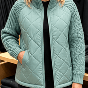 Women's Knit-Panel Quilted Puffer Jacket with Ribbed Cuffs