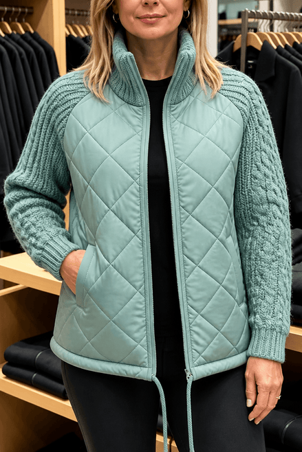 Women's Knit-Panel Quilted Puffer Jacket with Ribbed Cuffs
