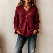 Vessa Ribbed V-Neck Button Detail Women's Knitted Jumper