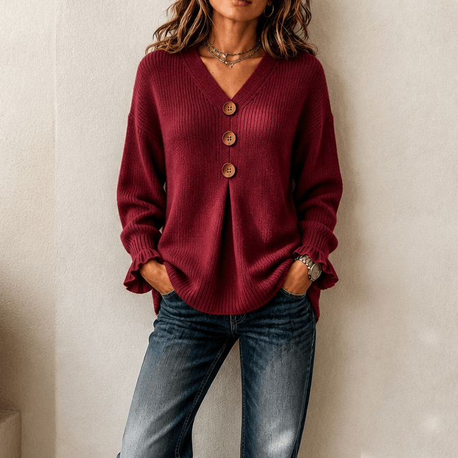 Vessa Ribbed V-Neck Button Detail Women's Knitted Jumper
