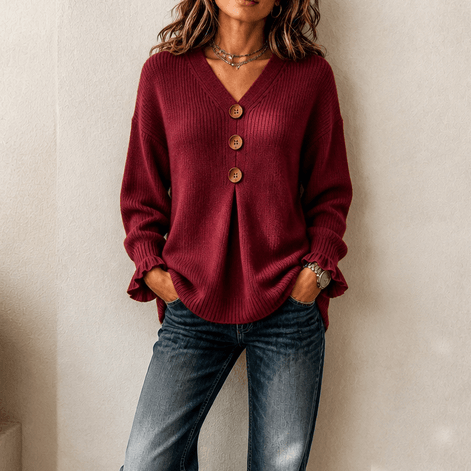 Vessa Ribbed V-Neck Button Detail Women's Knitted Jumper