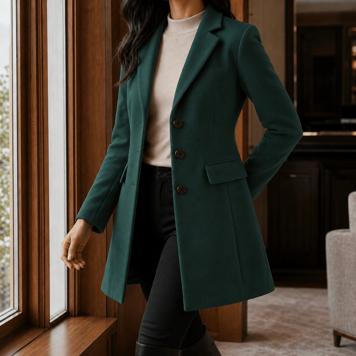Women's Tailored Wool-Blend Winter Coat with Notched Lapels