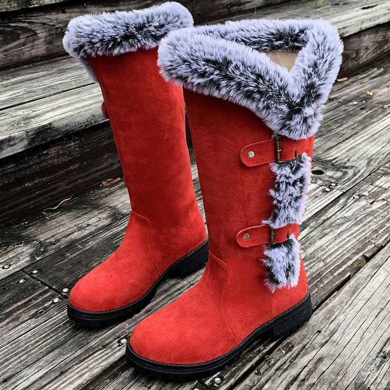 Women's Faux Suede Mid-Calf Snow Boots with Faux Fur Trim and Buckle Detail