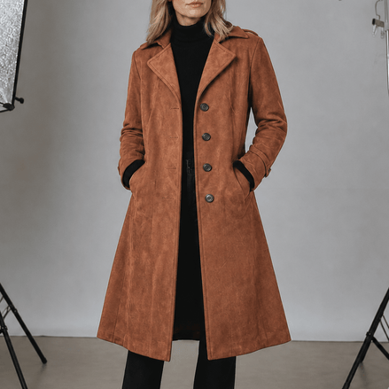 Women's Long Suede-Effect Button-Front Coat with Clean Vertical Line