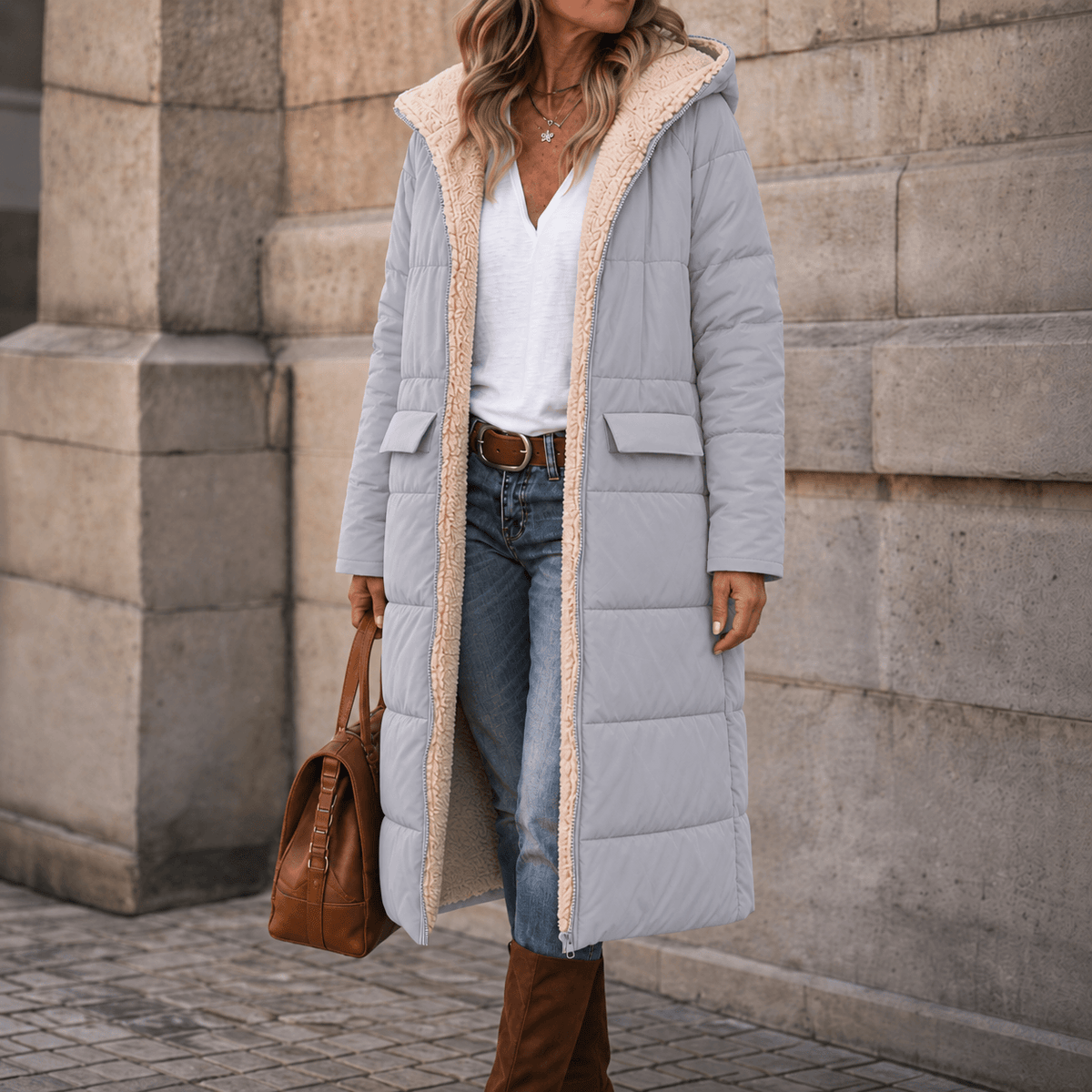 Reversible Hooded Long Puffer Coat with Faux Shearling Lining